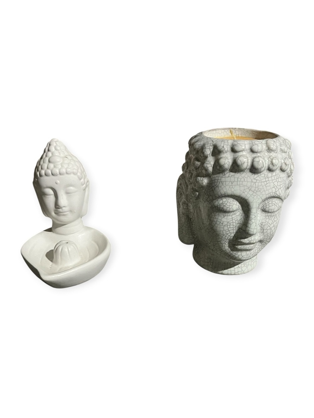 White Buddha Head Home Accent Sculpture - Serene Ceramic Decorative Candle Set